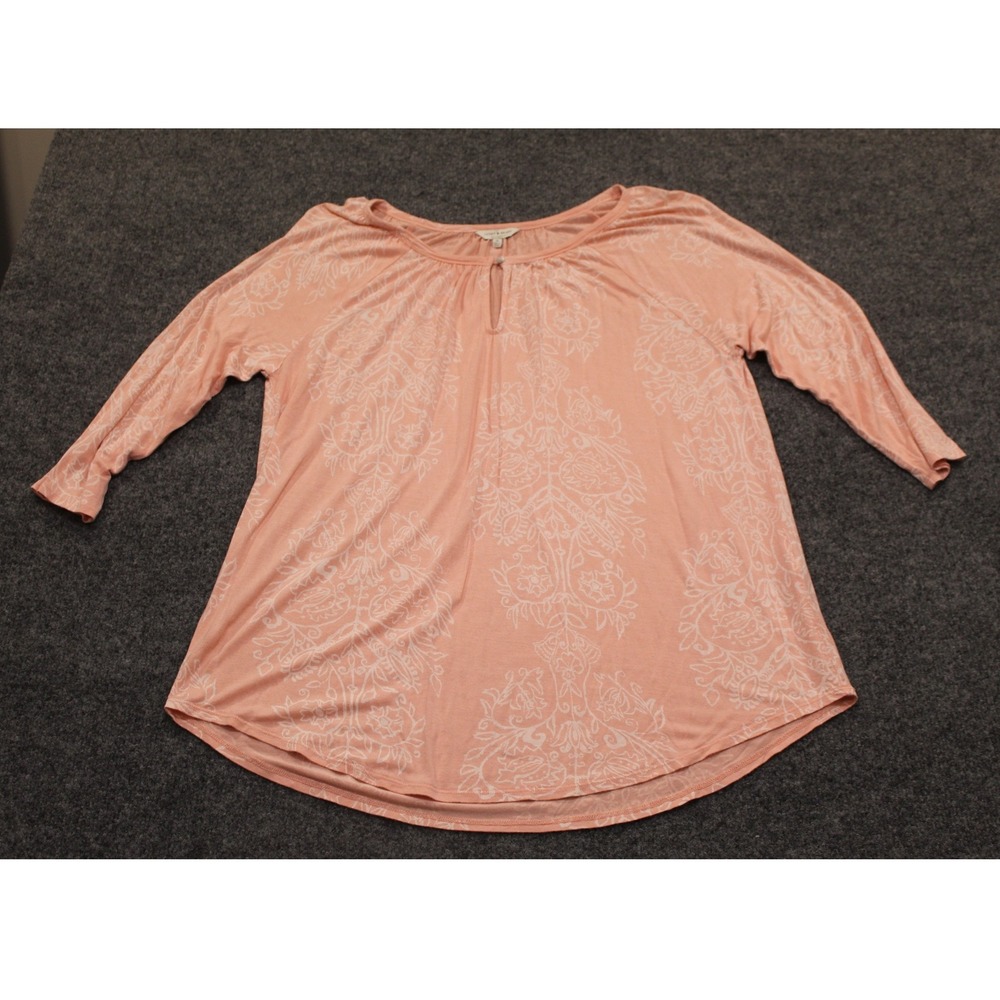 Lucky Brand 1X Peach Floral Print Keyhole Neckline‎ 3/4 Sleeve Top Blouse